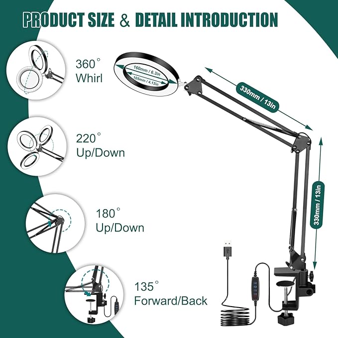 Magnifying Glass with Light Toolour 5X&10X Magnifying Glass Light with 26in Long Arm, 3 Colors Dimming Magnifying Desk Lamp, Lighted Magnifier Glass for Jewelry Close Work Reading Hobby Craft