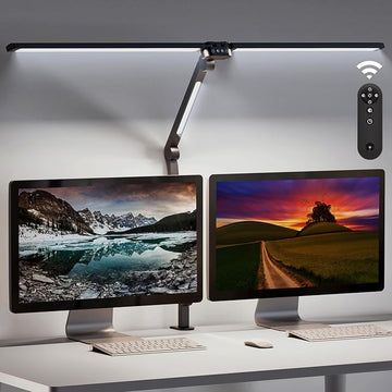 LED Desk Lamp, Flexible Desk Light with Clamp, Dual Light 25 Lighting Eye-Caring Modes Table Lamp with Solid Base, Eye-Caring Desk Lamp with Remote Control,Reading Desk Lamps for Home Office