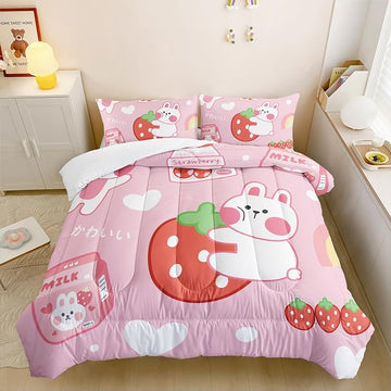 Strawberry Rabbit Comforter Set for Kids Teens Girls Women,Pink Bunny Kids Comforter,1 Comforter with 2 Pillowcase, Microfiber 3 Piece Bedding Set,for All Seasons(Pink，Full Size)