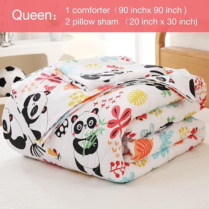 JSD Panda Flower Kids Comforter Set, 3 Pieces Queen Microfiber Comforter with Pillow Sham, Soft Comfortable Machine Washable