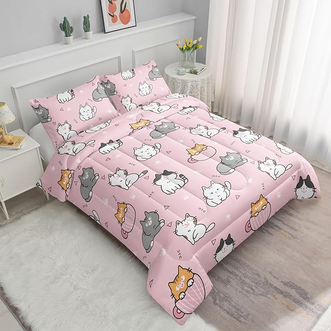 Datura home Pink Kawaii Cat Comforter Bedding Set for Girls Lovely Kitten Pink Print Cute Animal Pattern Bedding Set with 1 Comforter and 2 Pillowcases for Girls Bedroom All Season(Cat Pink Full)