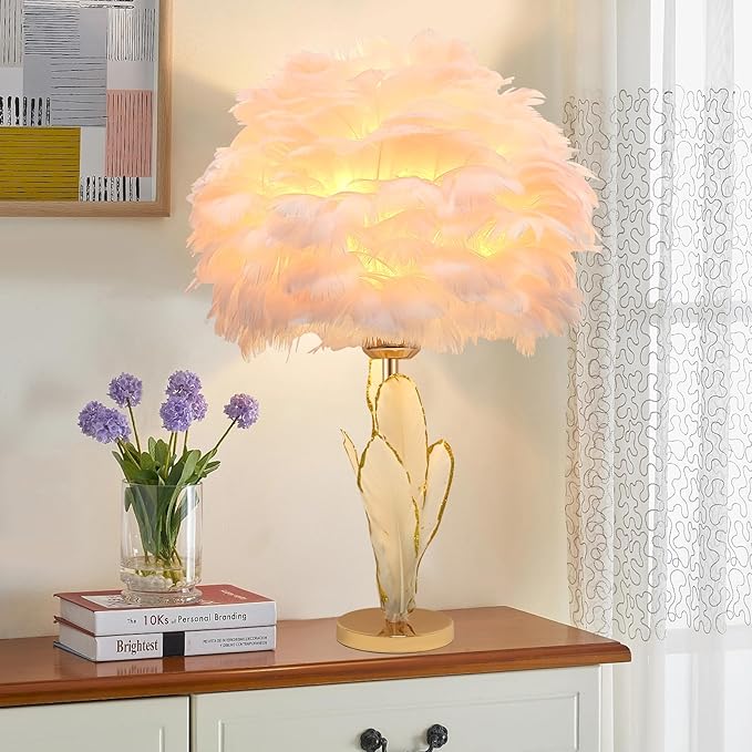 ZYLEIESENBAO Girl Lamp Creative Feather Table Lamp Gold Pink Bedside Princess Lamp Goose Feather Desk Lamp Simple Atmosphere Decoration Art Wedding Romantic Table Lamp