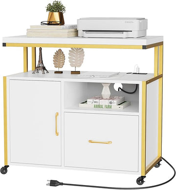 YITAHOME Wood File Cabinet with Charging Station, Rolling Filing Cabinet Cart with Door, Industrial Nightstand with Printer Shelf for Home Office, Bedroom, Living Room, Entryway, Gold and White
