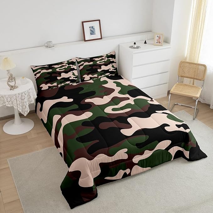 Feelyou Full Size Camouflage Comforter Set 3Pcs Kids Bedding Set for Boys Girls Teens 1 Comforter & 2 Pillowcases(Full,Army Green)