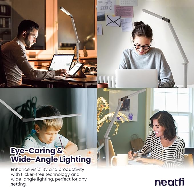 Neatfi LED Desk Lamp with Clamp, Touch & Remote Controlled, Stepless Dimming, 3 Color Modes, 3000-6000K, Detachable Shade, Flicker-Free, 360° Rotation, Wide Angle Lighting (Modern, Silver)