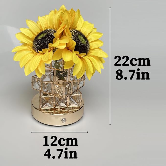 Sunflowers Lamp Touch Lam Artificial LED Sunflower Flowers with Glass Vase Table Lamp Night Light for Home Office Decor House Decorations Gift Idea - Rechargeable (Crystal Magic Cube Sunflower)