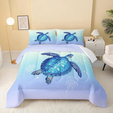 Turtle Comforter Twin Size,Ocean Comforter Set for Kids Teens Girls Boys,3Pcs Bedding Set Printed Comforter with 2 Pillowcases,Down Alternative,Soft and Lightweight(Blue，Twin Size)