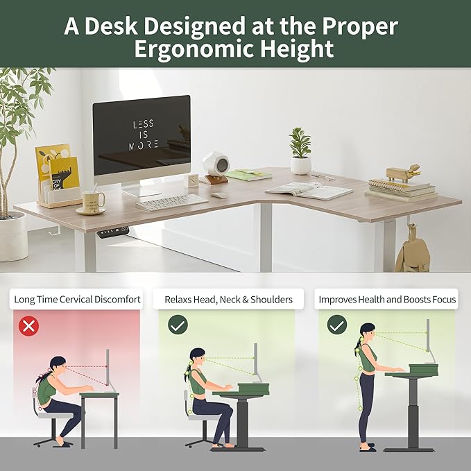 FEZIBO 75 Inches Triple Motor L Shaped Standing Desk Reversible, Electric Height Adjustable Corner Stand up Desk, Sit Stand Desk Computer Workstation, White Frame/Light Walnut Top