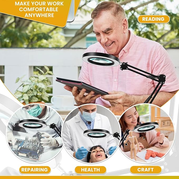 Magnifying Glass with Light and Stand - 2-in-1 Stepless Dimmable LED Magnifying Desk Lamp with Clamp - 3 Color Modes Lighted Magnifier Lens Swivel Arm Light for Reading, Craft, Close Works