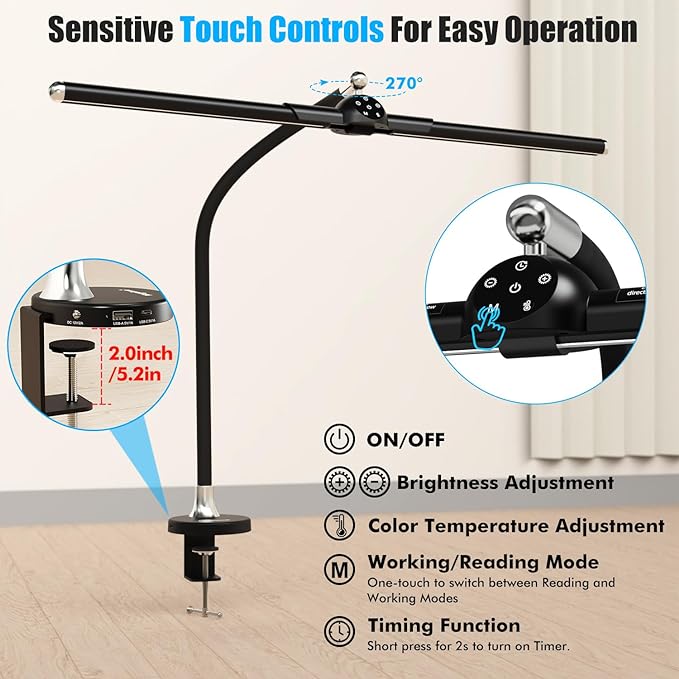 Megainvo LED Desk Lamp with Clamp, 24W Desk Light w/Timer & USB Charging for Home Office, Eye-Care Desk Lamps 5 Color Modes Stepless Dimming Adjustable Table Light for Monitor Work Study Reading