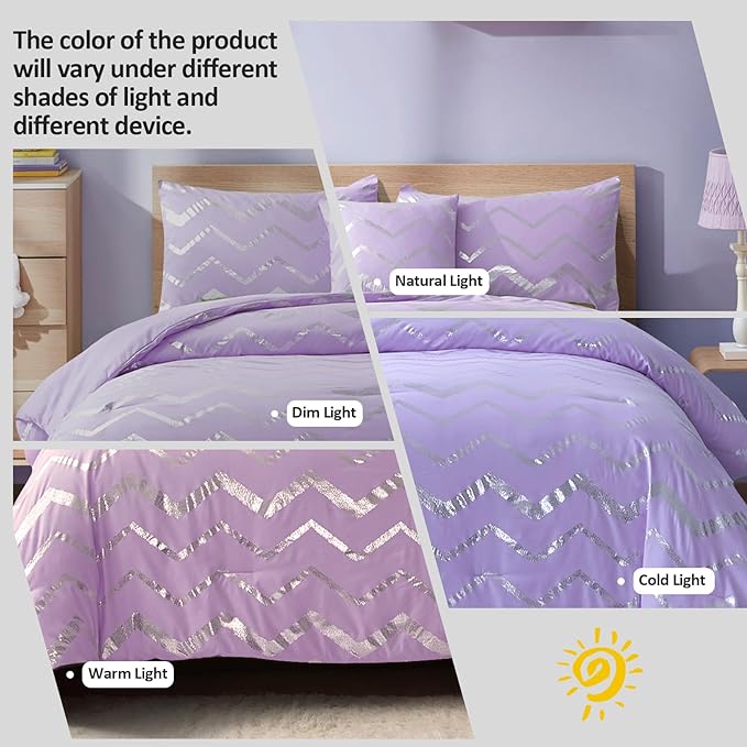 Purple/Silver Comforter Set Twin, Lavender Metallic Print Glitter Bedding Set Cute Shinny Lilac Bed Sets for Teen Girls Kids Women, 3 Piece (1 Pillowcase, 1 Decorative Pillow Sham)