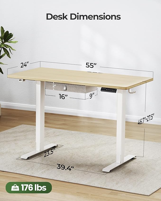 Marsail Standing Desk with Drawer, 55x24 Inch Adjustable Height Standing Desk, Electric Stand up Desk, Sit Stand Home Office Desk, Ergonomic Workstation for Home Office Computer Gaming Desk Maple