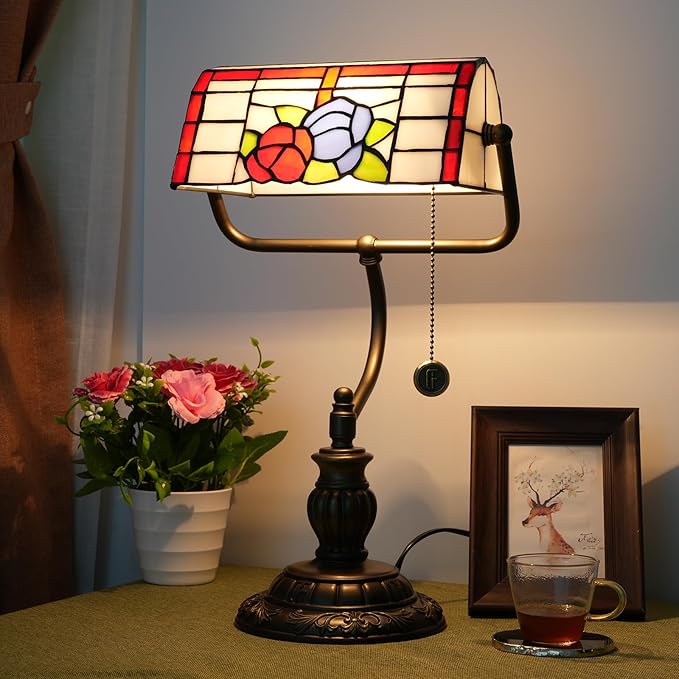 Bankers Lamp,Stained Glass Lamp,Dimmable Vintage Desk Lamp for Home Office Workplace Nightstand Bedroom Library Piano LED Bulb Included (roses)