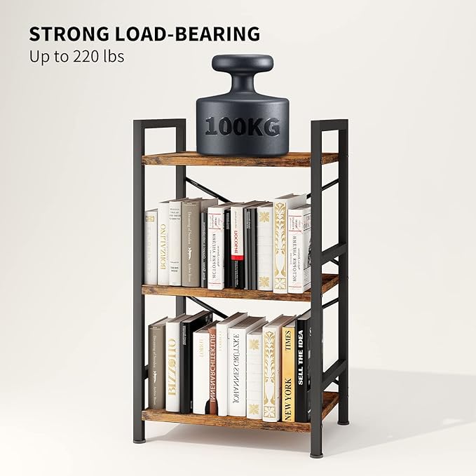 Bookshelf, 3 Tier Industrial Bookcase, Metal Small Bookcase, Rustic Etagere Book Shelf Storage Organizer for Living Room, Bedroom, and Home Office(Rustic Brown) Patent Pending D29873033