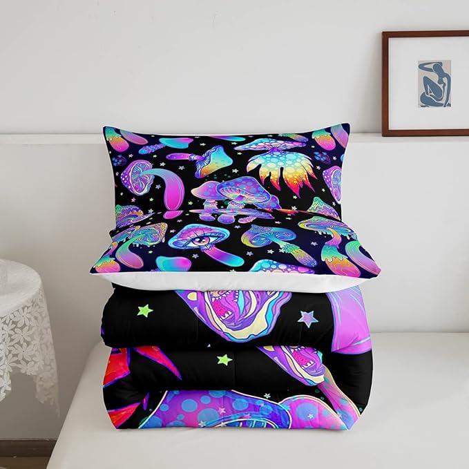 Mushroom Comforter Set Twin,Kawaii Trippy Botanical Bedding Set Psychedelic Plant Down Comforter For Kids Girls Teens Women Cartoon Cute Mushroom Room Decor Quilt Duvet Set With 1 Pillow Case Black