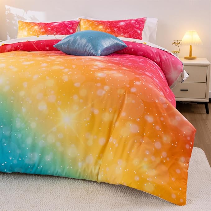 A Nice Night Gradient Glitter 6Pcs Bed in A Bag Bedding Set for Girls Full Size, Colorful Rainbow Galaxy Comforter Set, Ultra Soft Bedding Sets, YellowBlue