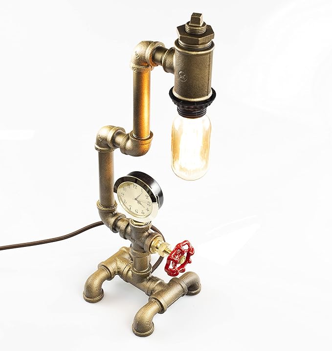 Steampunk Lamp with Dimmer, Dimmable Loft Style Industrial Vintage Antique Style Light with Bulb, Clock with Iron Piping Desk Lamp, Retro Desk Lamp LL-029
