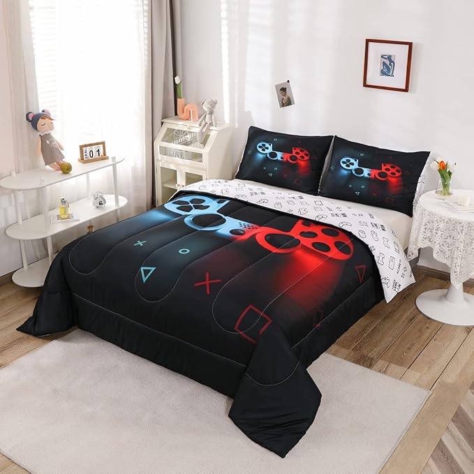 Erosebridal Boys Gamepad Comforter Set Queen,Play Gamer Bedding Set Kid Young Man Video Games Down for Teen Child Game Room Decor Black Classic Retro Gaming Quilt Duvet Set with Controller Button