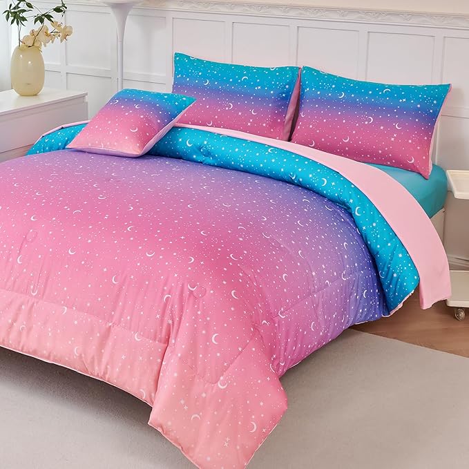 URBONUR 6 Pieces Twin Comforter Set for Girls Moon Star Printed Bedding Set on Gradient Pink Purple Blue, Soft Microfiber All Season Bed Sets for Kids Teen (Twin Size, 6PCS)