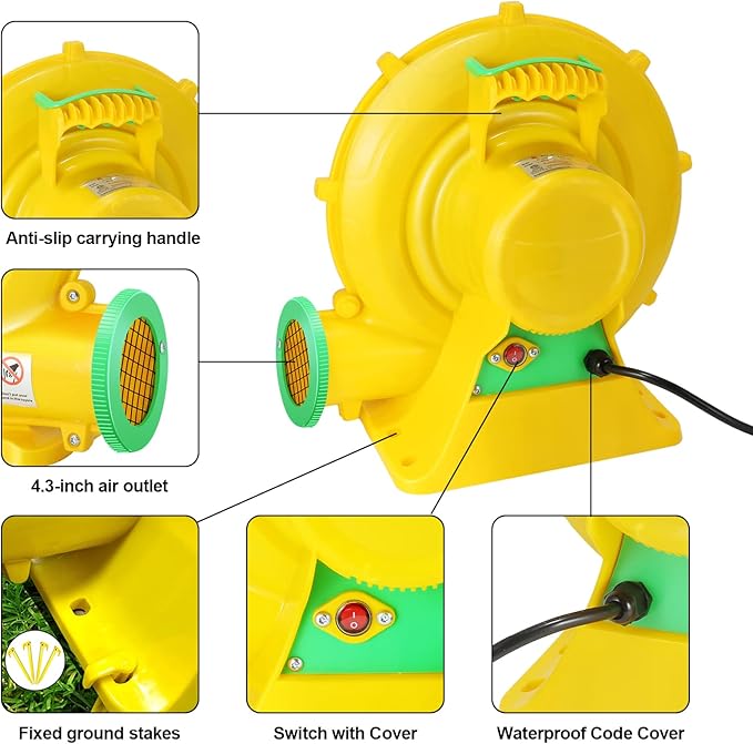 Bounce House Blower, 550W 0.73HP Commercial Air Blower with Double-sided Fan Blade Design, Strong Wind and Great Heat Dissipation Properties for Large and Medium Bouncy Castle, Jump Slides, Arch