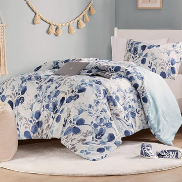 Codi Floral Twin Comforter Set for Teen Girls, Spring Lavender Bedding Sets with Soft Seersucker 2pcs - 1 Flower Comforters and 1 Pillows Case, Blue
