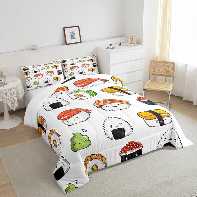 Sushi Pattern Comforter Set Japanese-Style Bedding Set for Kids Boys Girls Teens Food Theme Comforter Cute Cartoon Japanese Sushi Duvet Set Room Decor Quilt Set Twin Size Microfiber