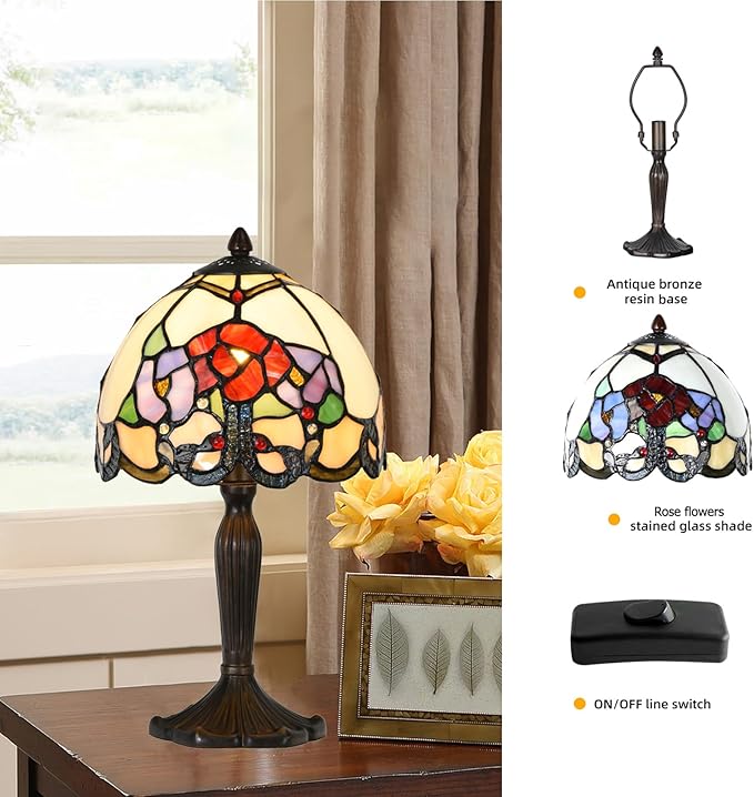 Tiffany Lamp Rose Flowers Design Stained Glass Table Lamp for Living Room Bedroom Bedside Nightstand Home Office