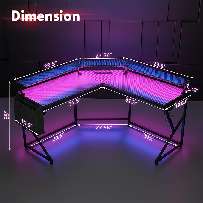 Wonder Comfort L Shaped 51 Inch Computer Desk with LED Lights，Corner Gaming Table Cup Holder Power Outlets/Monitor Stand for Home Office, Black