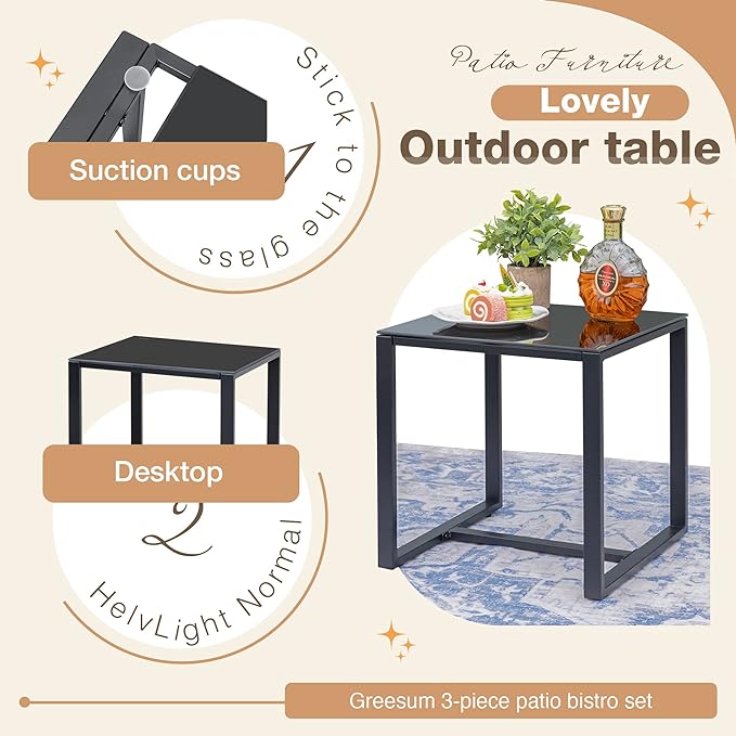 Greesum 3 Pieces Outdoor Furniture Set Patio Bistro Rocking Chairs with Glass Coffee Table for Pool Beach Backyard Balcony Porch Deck Garden, Black