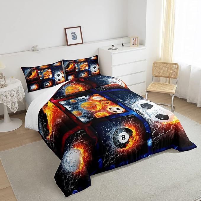Sports Comforter Sets For Boys King,Teen Basketball Baseball Football Bedding Comforter Set For Men Volleyball Soccer Hockey Quilt Comforter,Red Blue Water And Fire Lightning Bed Duvet 2 Pillow Cases