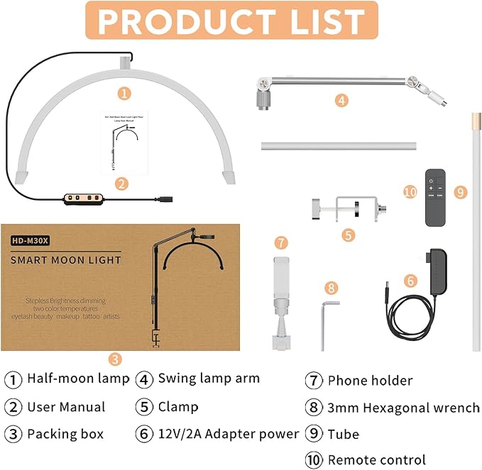Half Moon Light for Lashes, 22'' Lash Light Lamp for Eyelash Extensions, Esthetician Light Eyelash Lamp with Phone Holder for Tattoo Artists, Nail Tech, Makeup,Skincare