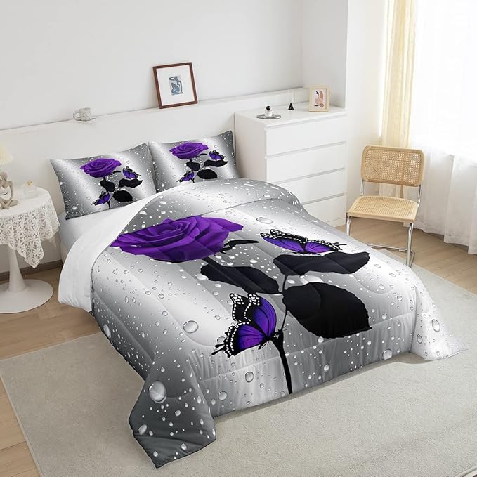 3D Rose Comforter Set Rose Floral Print Bedding Set Romantic Flowers Comforter for Kids Boys Girls Children Teens Bedroom Decor Purple Rose Butterfly Duvet Set Twin Size Quilt Set With 1 Pillow Case