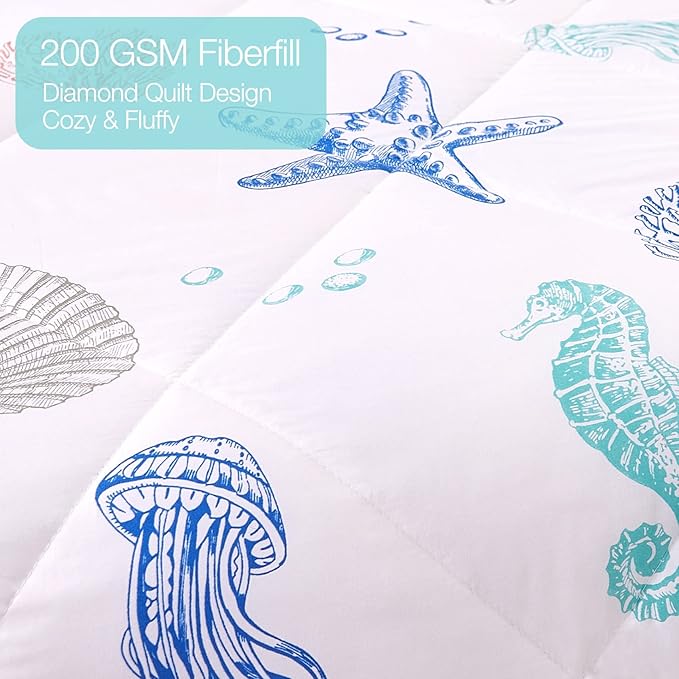 JSD 3 Piece Queen Beach Theme Kids Comforter Set, Jellyfish Starfish Shell Printed Comforter with Pillow Sham, Soft Comfortable Machine Washable
