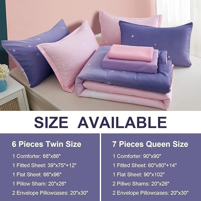 Dinjoy Girls Women Comforter Set King Size Ombre Pink Purple Rainbow Bedding Set 7 Pieces Bed in A Bag for Teen Adult (1 Comforter, 1 Flat Sheet, 1 Fitted Sheet, Pillow shams & Pillowcases)