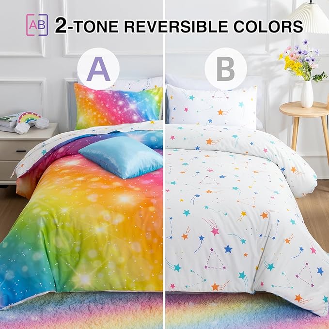 A Nice Night 6Pcs Gradient Glitter Bedding Set for Girls, Colorful Rainbow Galaxy Comforter Set, Ultra Soft Bedding Sets (Multi,Twin 6Pcs)