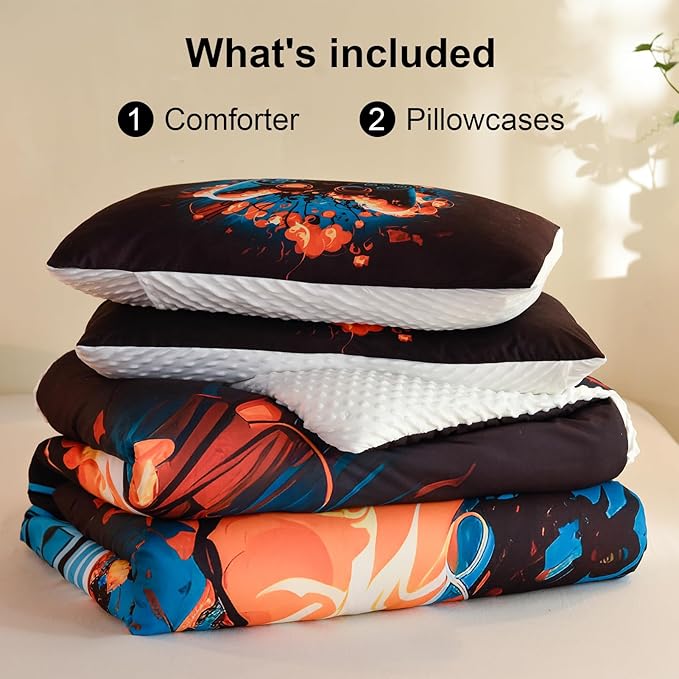 Video Game Full Size Comforter Set for Boys Kids Teens Gamepad Gaming Controller and Fire Pattern Bedding Set- 3 Piece Quilt with 2 Pillowcases (80"x90")