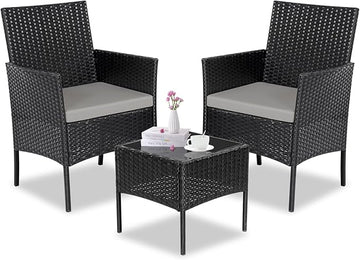Patio Furniture Set 3 Pieces All-Weather Rattan Outdoor Furniture Patio Chairs with Tempered Glass Table for Porch Bistro Balcony Bistro Set(Black/Grey-3)