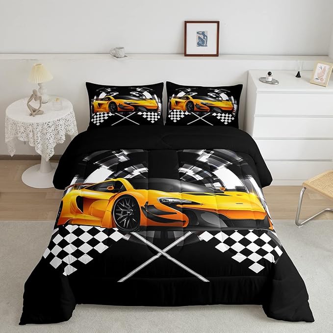 Yellow Race Car Comforter Set Full Size, Black and White Grid Quilt Set Extreme Sport Games Bedding Comforters 3pcs for Kids Teens Boys Room Decor,Soft Modern Duvet Set with 2 Pillowcases