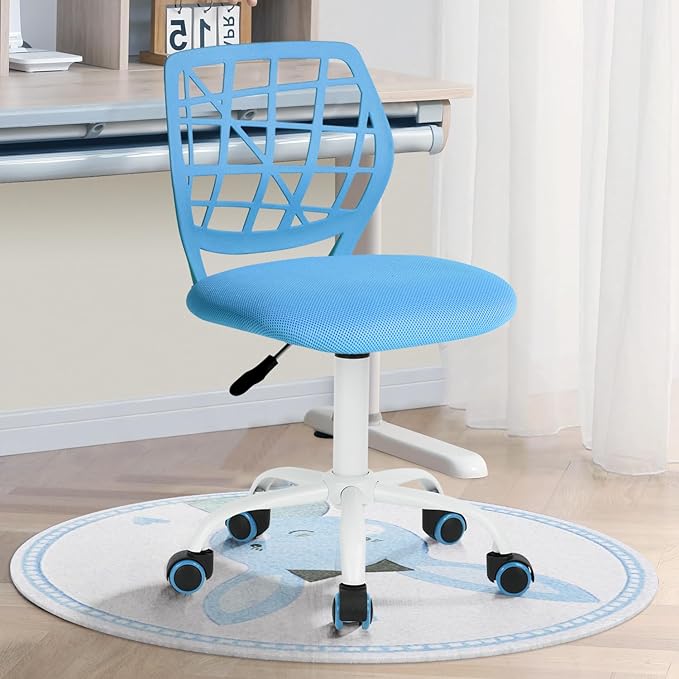 FurnitureR Kids Desk Chair, Small Office Chair Armless Adjsutable Swivel Task Chair with Soft Cushion for Study Kids Teens Child, Blue