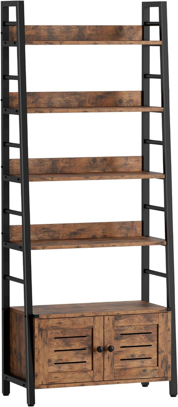 IRONCK Bookshelf with Louvered Doors, 4-tier Ladder Shelf with Cabinet Industrial Accent Furniture for Bedroom Living Room Home Office, Rustic Brown