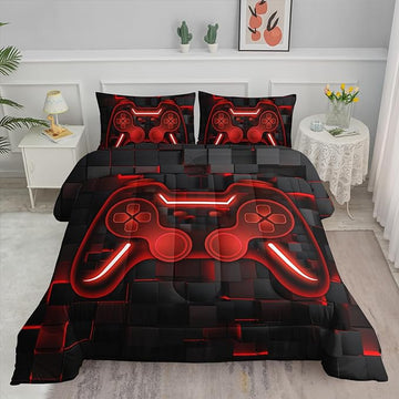 Axolotl Gamepad Comforter Set Twin Size,Red Grid Print Bedding Set,Boys Gaming Console Comforter Set,Video Gaming controller Bedding Set for Teens Men Adults,1 Quilt 2 Pillowcases,Red Black