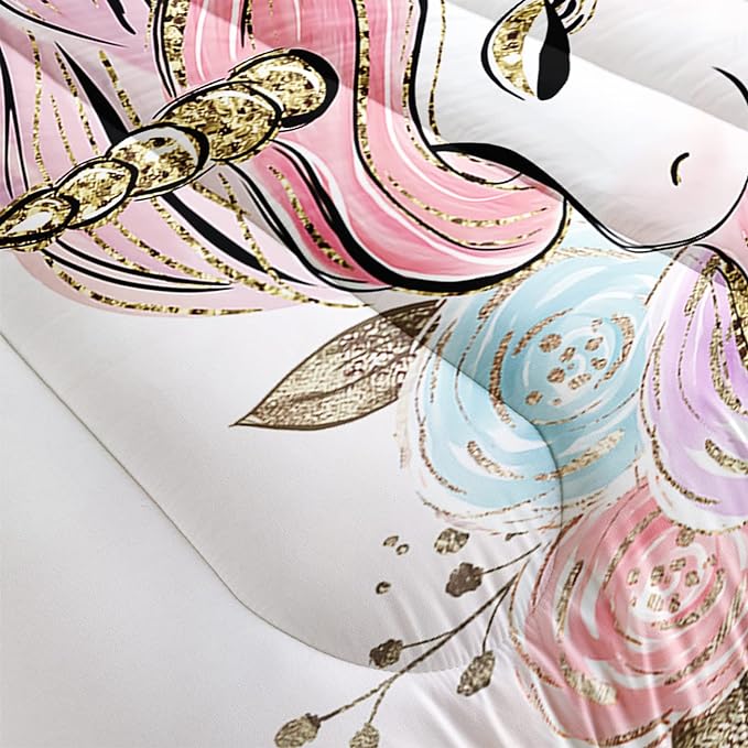 CVHOUSE Unicorn Bedding Twin Size,Unicorn Bedding Set for Girls Kids,Cute Unicorn Comforter Set Chrismas Duvet Set Unicorn Quilt Set Girls Room Decor 3 Pieces