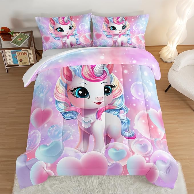 HOSIMA Unicorn Bedding Sets for Girls Teens,Cartoon Kawaii Unicorn Comforter Bubble and Love Heart Bedding Set,Fantasy Unicorn Bedroom Decor for Girls Pink Purple King Size Comforter Set.