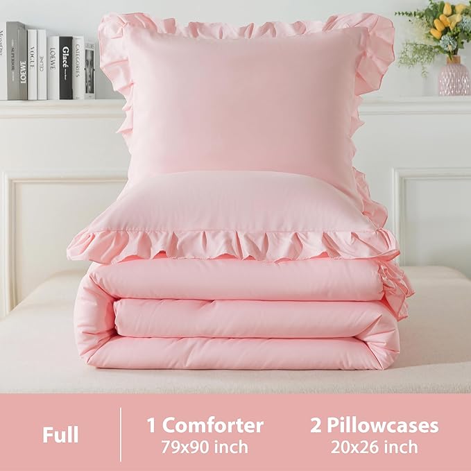 Andency Pink Comforter Set Full, 3 Pieces Lightweight Soft Rustic Pink Ruffle Comforter Women Girls, Solid Farmhouse Shabby Chic Microfiber Bedding Comforter Set