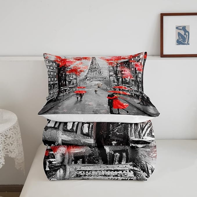 Red Paris Eiffel Tower Comforter Set Queen Size French Style Couple Lover Flower Bedding Sets For Girls Women Kids Quilted Duvet 1 Comforter + 2 Pillow Cases Romantic Bedroom Decor, Grey Black