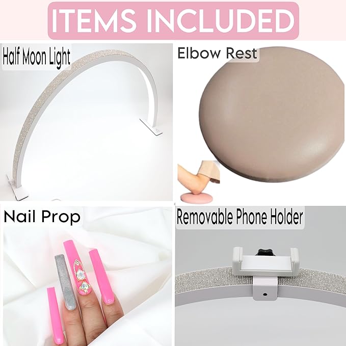 Half Moon Light for Nail Desk-4pcs Set-Half Moon Light-Half Moon Light for Esthetician-Half Moon-Lamp for Nails-Nail Lamp for Desk-Nail Desk Light-BONUS Phone Holder,Nail Prop & Elbow Rest