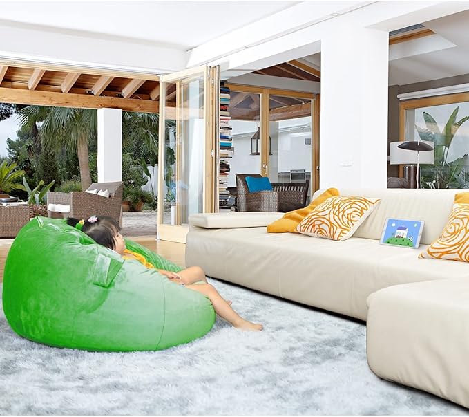Bean Bag Chair Cover, Stuffed Animal Storage, Plush Toys Organizer Holder, Beanbag Chairs Cover for Kids Teans and Adults Super Soft and Comfortable Fabric X-Large with Handle and Zipper -Round Green