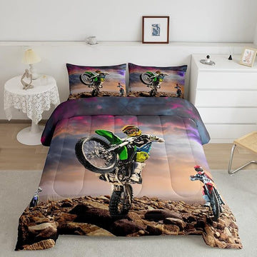Dirt Bike Comforter Set for Boys Bedroom Motocross Rider Extreme Sports Duvet Insert Mountain Bike Bedding Quilted Set Kids Motorcycle Motorbike Down Comforter,Soft Lightweight for All Season,Queen