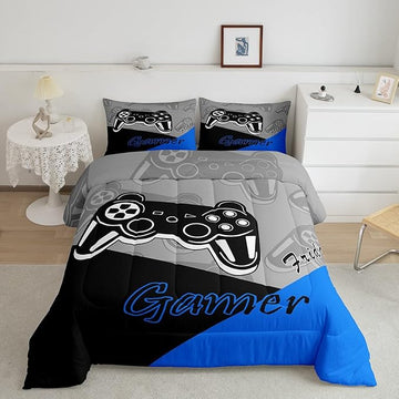 Feelyou Gaming Comforter for Boys Teen Video Game Bedding Set for Kids Gamer Comforter for All Season Gamepad Home Decor for Comforter Set Full Size,1 Comforter with 2 Pillowcases Blue Black Grey