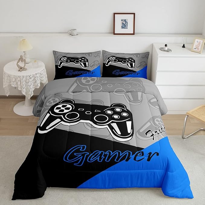 Feelyou Gaming Comforter for Boys Teen Video Game Bedding Set for Kids Gamer Comforter for All Season Gamepad Home Decor for Comforter Set Full Size,1 Comforter with 2 Pillowcases Blue Black Grey